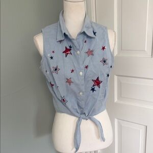 Vintage Cabin Creak Embroidered Star Sleeveless Blue Tie Front Top Size PL